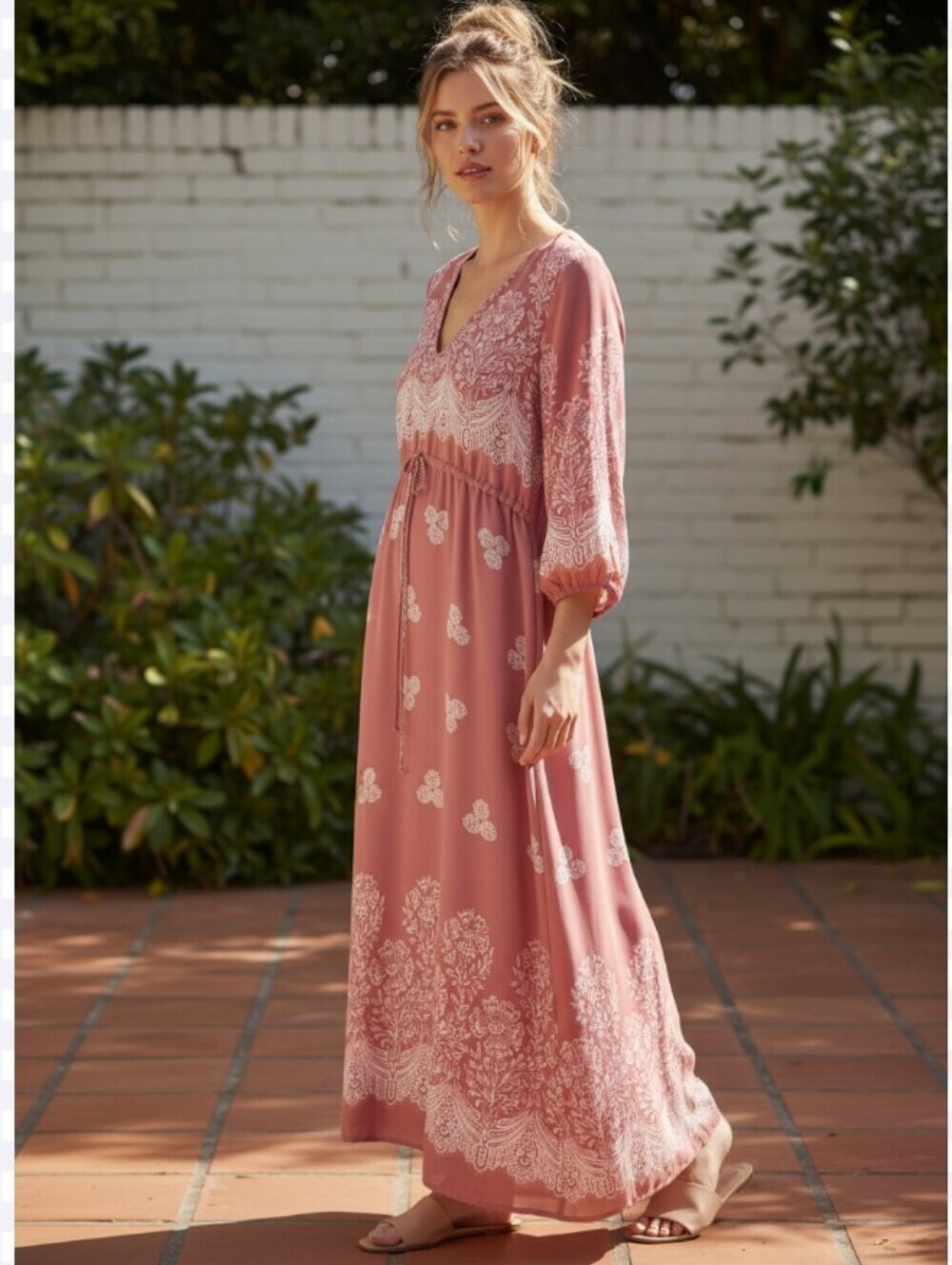 White Birch Dusty Rose Maxi Dress with Floral Lace Print